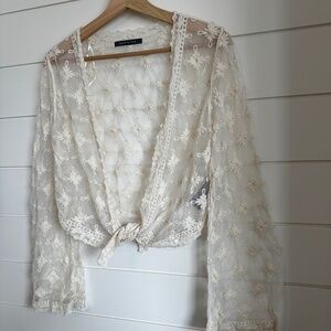 Suzy Shier Ivory Lace Sheer Tie Front Boho Cardigan Top Medium